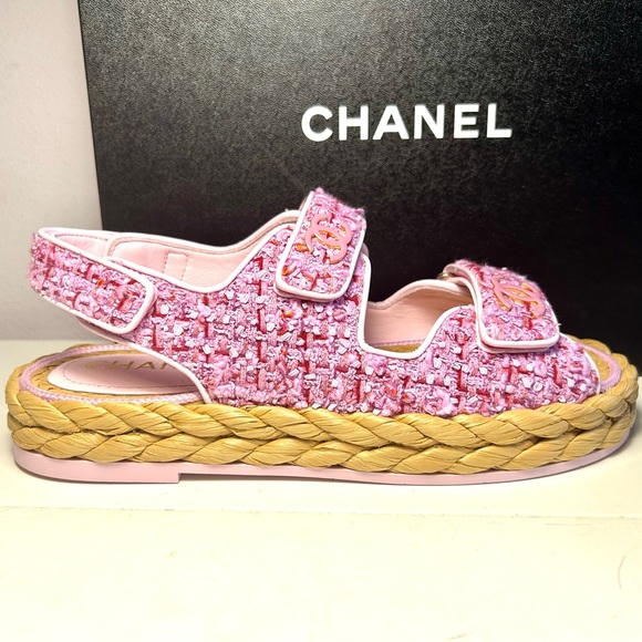 NEW CHANEL 22P DAD SANDALS CC LOGO PINK PURPLE TWEED PAT.LEATHER SZ 38 - Picture 3 of 16